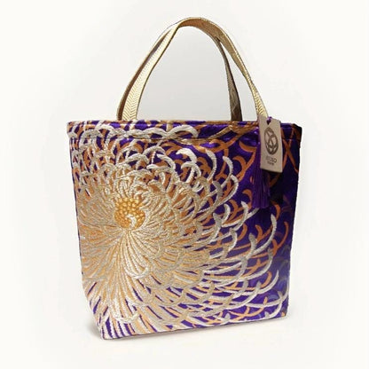 Rangiku 乱菊 Chrysanthemum Vintage Obi Silk Tote in Violet Blue Silver Champagne Gold — image 5