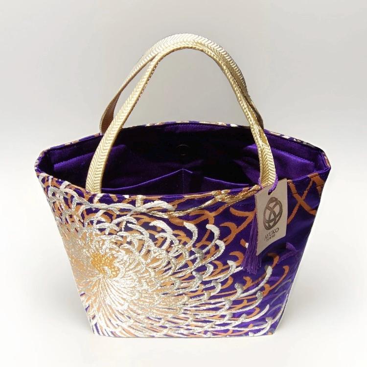 Rangiku 乱菊 Chrysanthemum Vintage Obi Silk Tote in Violet Blue Silver Champagne Gold — image 7