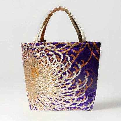 Rangiku 乱菊 Chrysanthemum Vintage Obi Silk Tote in Violet Blue Silver Champagne Gold — image 2