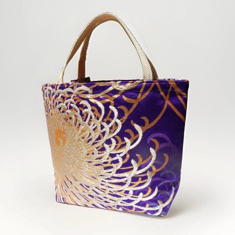 Rangiku 乱菊 Chrysanthemum Vintage Obi Silk Tote in Violet Blue Silver Champagne Gold — image 10