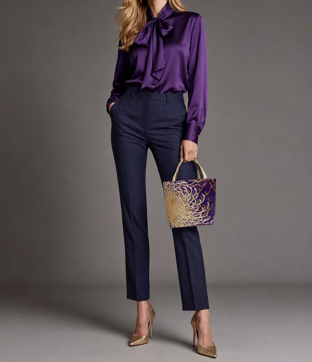 Rangiku 乱菊 Chrysanthemum Vintage Obi Silk Tote in Violet Blue Silver Champagne Gold — image 3