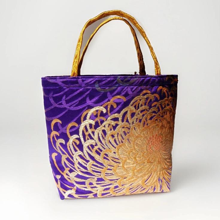 Rangiku 乱菊 Chrysanthemum Vintage Obi Silk Tote in Purple Gold Copper — image 9