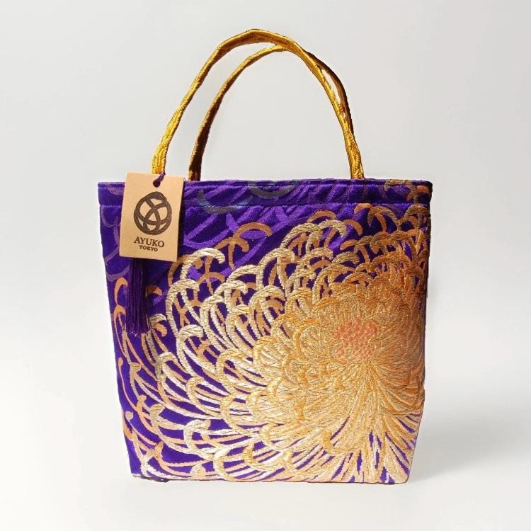 Rangiku 乱菊 Chrysanthemum Vintage Obi Silk Tote in Purple Gold Copper