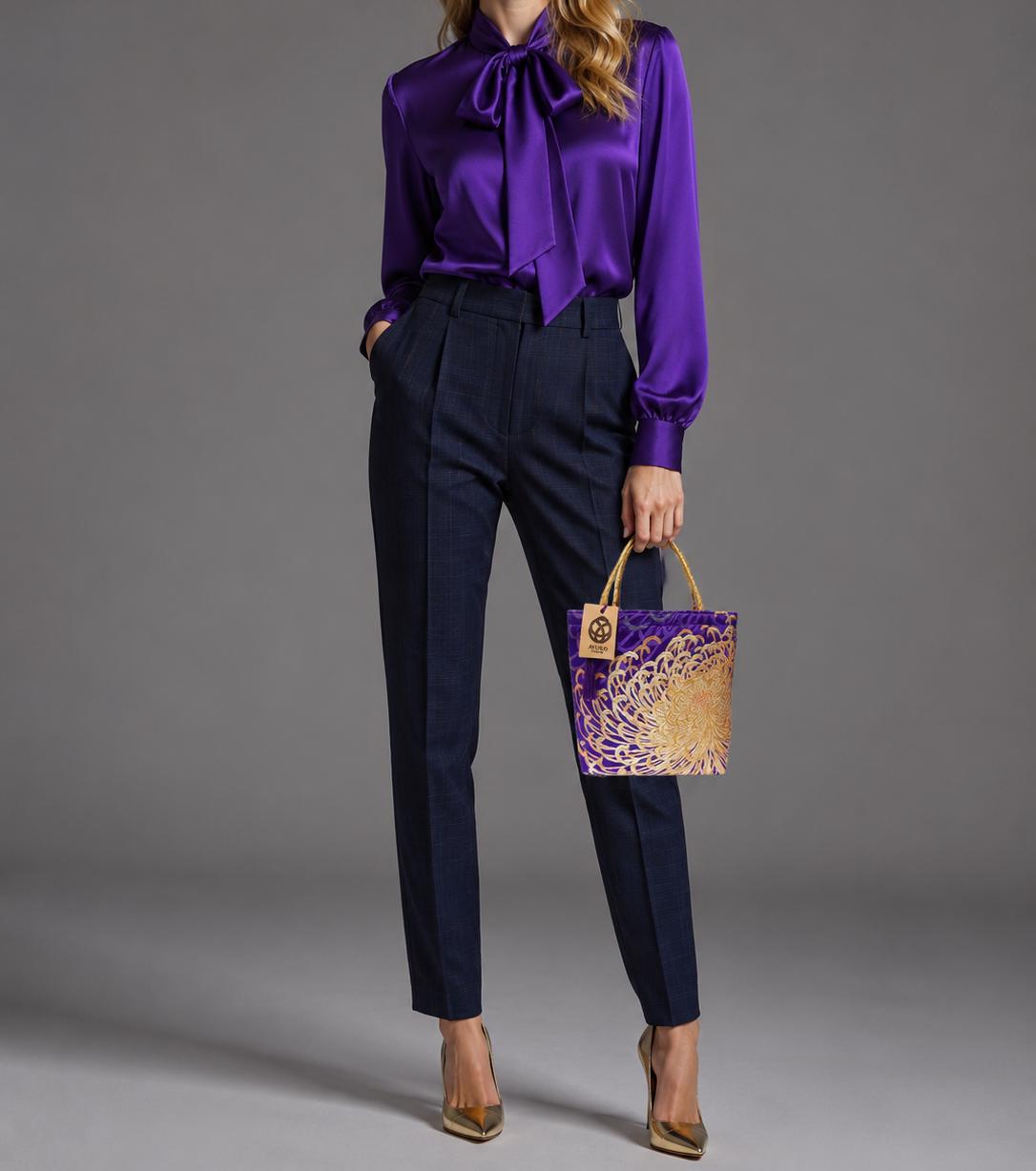 Rangiku 乱菊 Chrysanthemum Vintage Obi Silk Tote in Purple Gold Copper — image 2