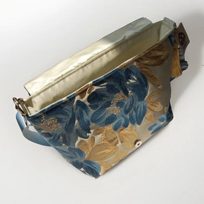 Floral Vintage Obi Silk Large Shoulder Bag in Blue Gold Ivory Beige — image 10