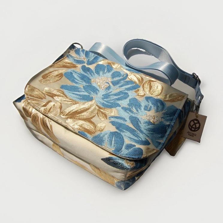 Floral Vintage Obi Silk Large Shoulder Bag in Blue Gold Ivory Beige — image 6