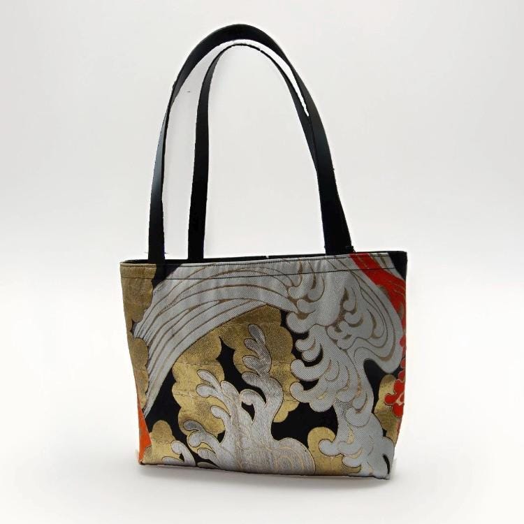 Tatsu-Nami Wave Vintage Obi Silk Large Tote with Himeji Leather Handles — image 8