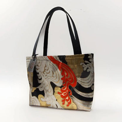 Tatsu-Nami Wave Vintage Obi Silk Large Tote with Himeji Leather Handles — image 4