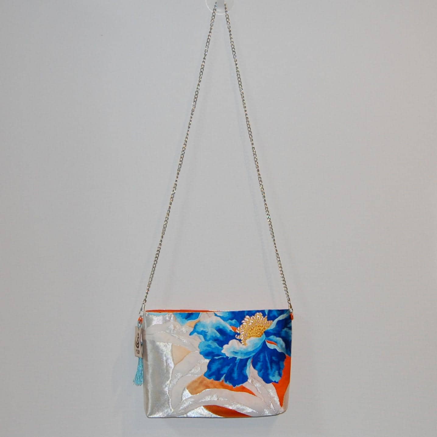 Peony Vintage Obi Silk Shoulder Bag in Light Blue Silver Orange — image 8