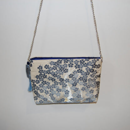 Shidare-Zakura Weeping Cherry Vintage Obi Silk Shoulder Bag in Blue Silver Beige — image 8