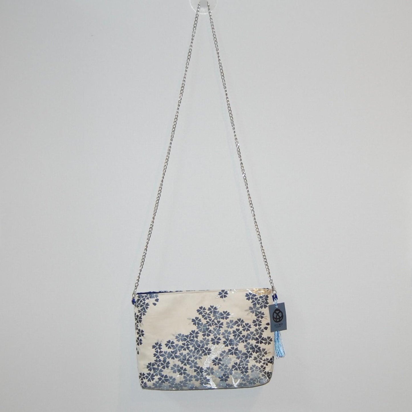 Shidare-Zakura Weeping Cherry Vintage Obi Silk Shoulder Bag in Blue Silver Beige — image 10