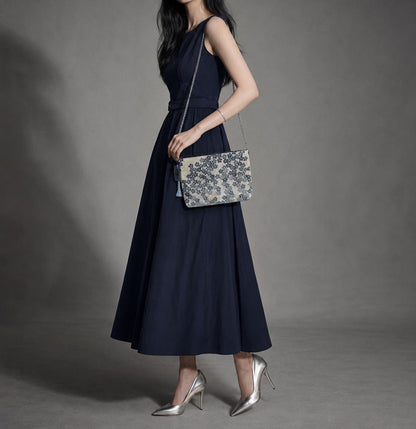 Shidare-Zakura Weeping Cherry Vintage Obi Silk Shoulder Bag in Blue Silver Beige — image 2