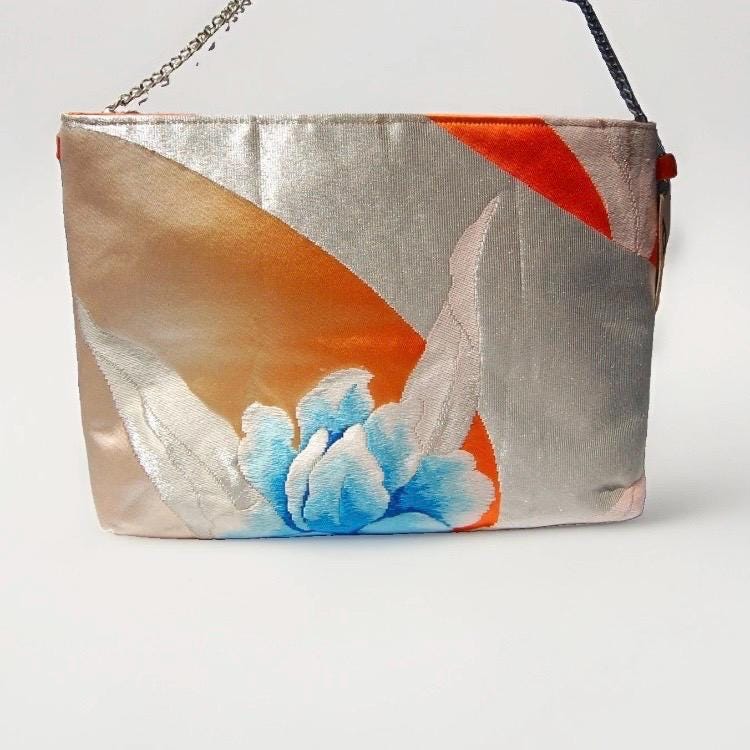 Peony Vintage Obi Silk Shoulder Bag in Light Blue Silver Orange — image 10