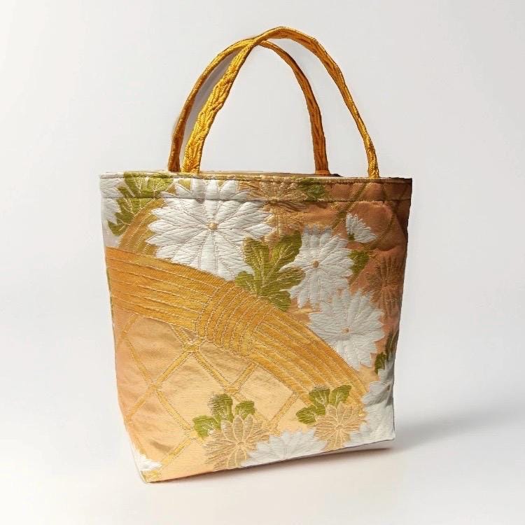 Kiku Chrysanthemum Vintage Obi Silk Tote in Gold Ivory Green — image 10