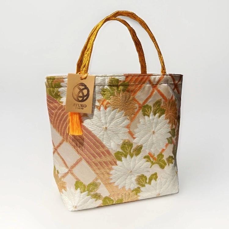 Kiku Chrysanthemum Vintage Obi Silk Tote in Gold Ivory Green — image 5