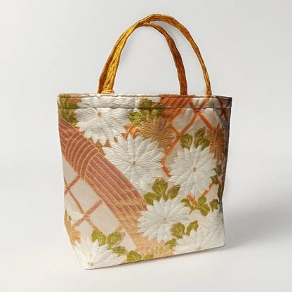 Kiku Chrysanthemum Vintage Obi Silk Tote in Gold Ivory Green — image 6