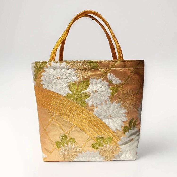 Kiku Chrysanthemum Vintage Obi Silk Tote in Gold Ivory Green — image 9