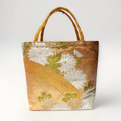 Kiku Chrysanthemum Vintage Obi Silk Tote in Gold Ivory Green — image 9