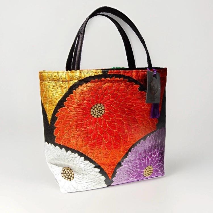 Chrysanthemum Vintage Obi Silk Tote in Black Orange Violet Ivory Gold — image 5