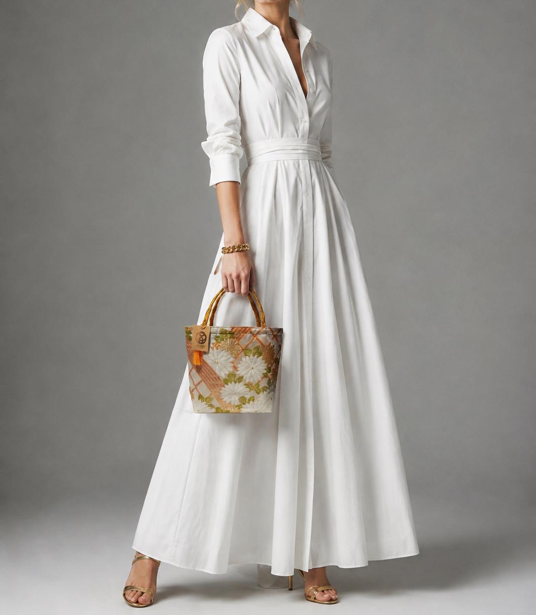 Kiku Chrysanthemum Vintage Obi Silk Tote in Gold Ivory Green — image 2