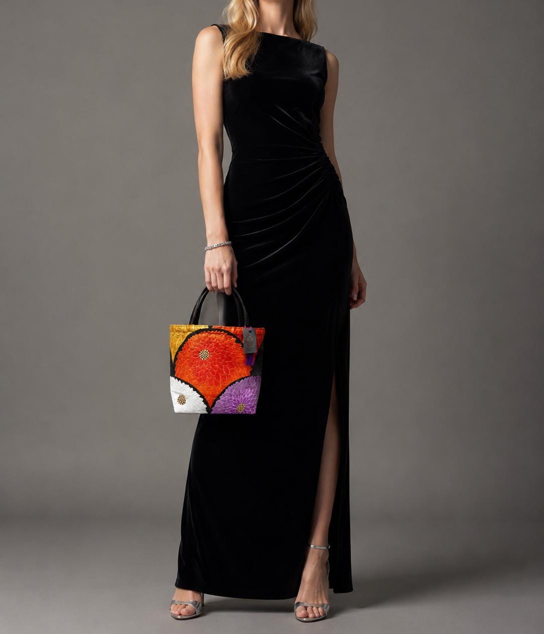 Chrysanthemum Vintage Obi Silk Tote in Black Orange Violet Ivory Gold — image 4
