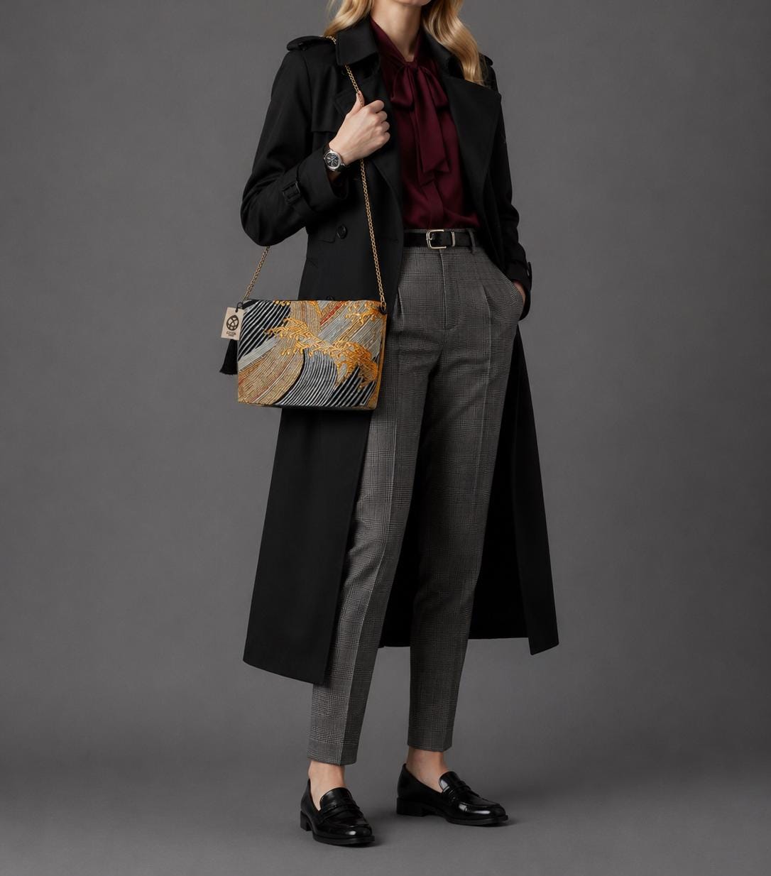 Tatsu-Nami Rising Wave Vintage Obi Silk Shoulder Bag in Black Gold Silver — image 3
