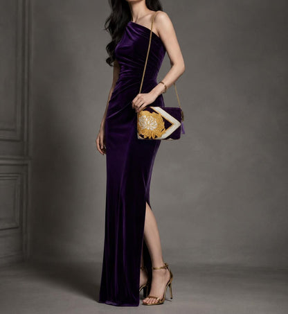 Two-Sided Rangiku 乱菊 & Peony Vintage Obi Silk Shoulder Bag in Gold Purple — image 2