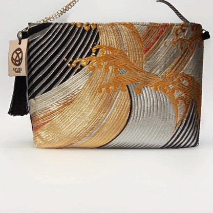 Tatsu-Nami Rising Wave Vintage Obi Silk Shoulder Bag in Black Gold Silver