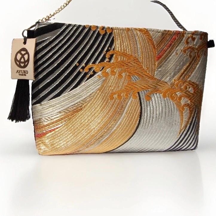 Tatsu-Nami Rising Wave Vintage Obi Silk Shoulder Bag in Black Gold Silver — image 5