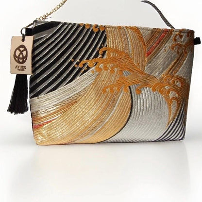 Tatsu-Nami Rising Wave Vintage Obi Silk Shoulder Bag in Black Gold Silver — image 5