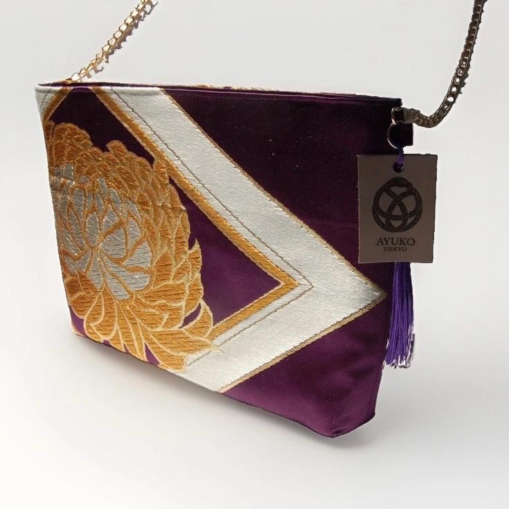 Two-Sided Rangiku 乱菊 & Peony Vintage Obi Silk Shoulder Bag in Gold Purple — image 6