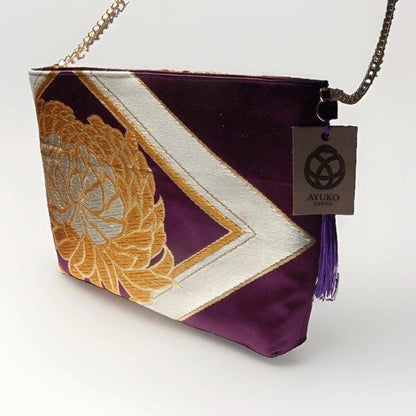 Two-Sided Rangiku 乱菊 & Peony Vintage Obi Silk Shoulder Bag in Gold Purple — image 6