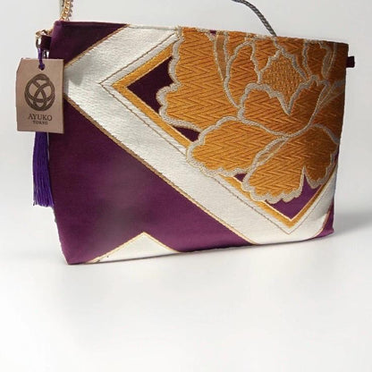 Two-Sided Rangiku 乱菊 & Peony Vintage Obi Silk Shoulder Bag in Gold Purple — image 9