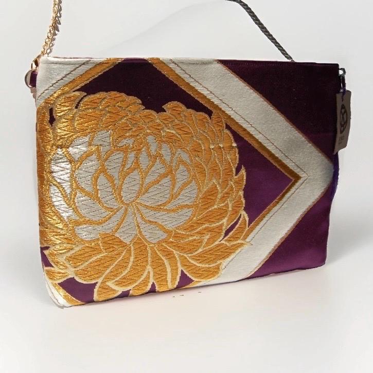 Two-Sided Rangiku 乱菊 & Peony Vintage Obi Silk Shoulder Bag in Gold Purple — image 7