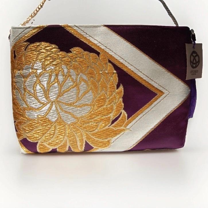 Two-Sided Rangiku 乱菊 & Peony Vintage Obi Silk Shoulder Bag in Gold Purple