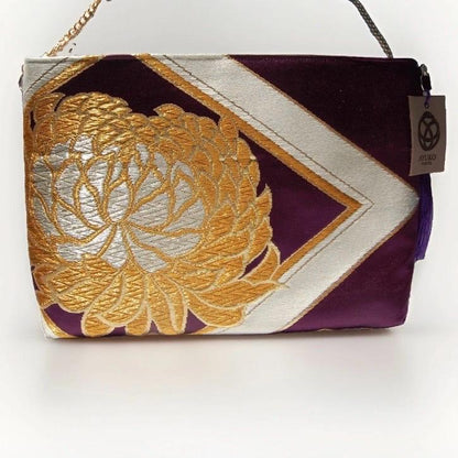 Two-Sided Rangiku 乱菊 & Peony Vintage Obi Silk Shoulder Bag in Gold Purple