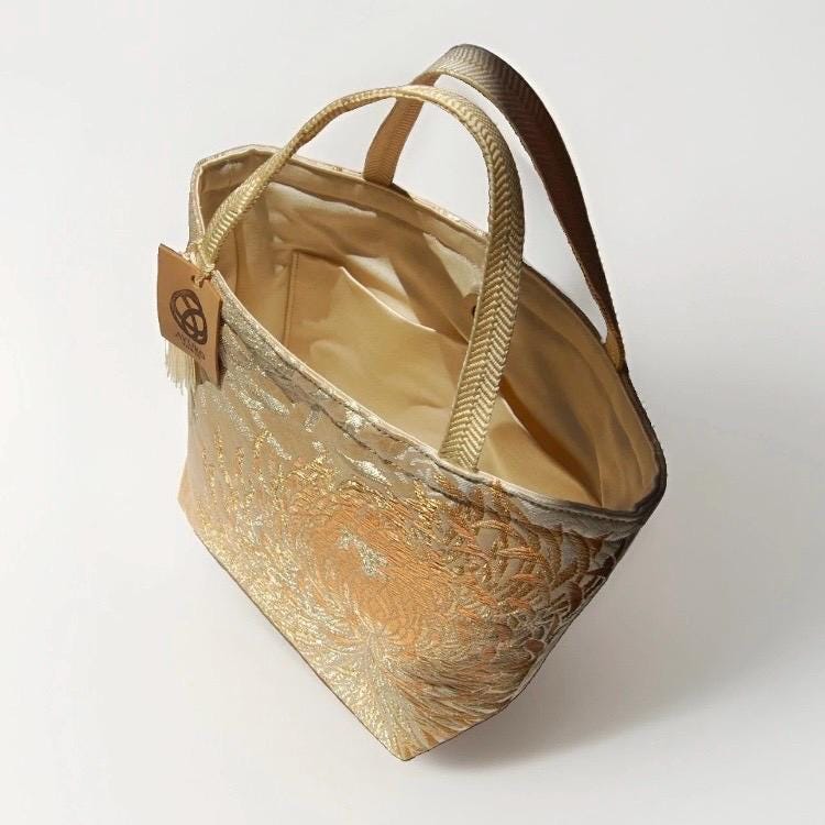 Rangiku 乱菊 Chrysanthemum Vintage Obi Silk Tote in Beige Champagne Gold — image 7