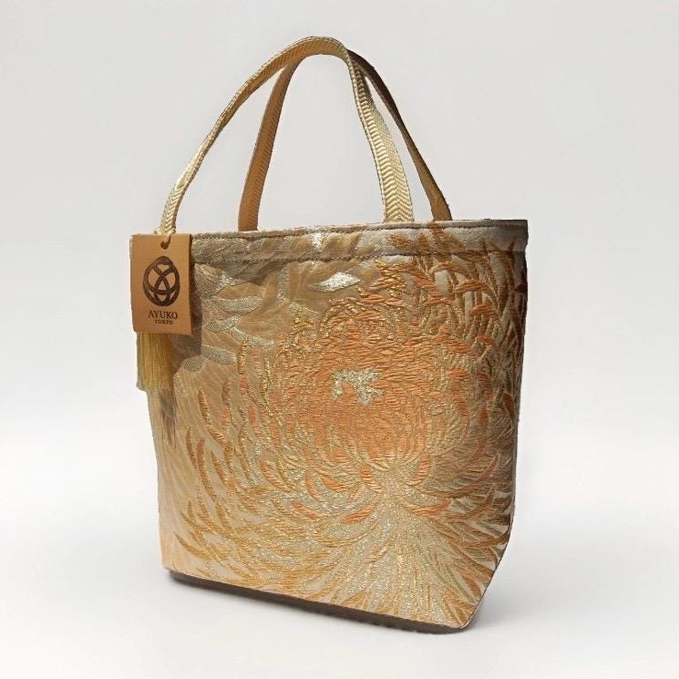 Rangiku 乱菊 Chrysanthemum Vintage Obi Silk Tote in Beige Champagne Gold — image 4