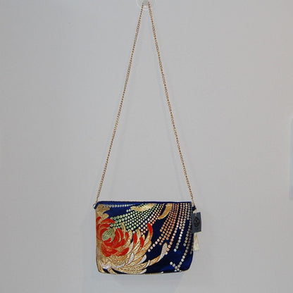 Two-Sided Rangiku 乱菊 Chrysanthemum Vintage Obi Silk Shoulder Bag in Red Gold Navy — image 9
