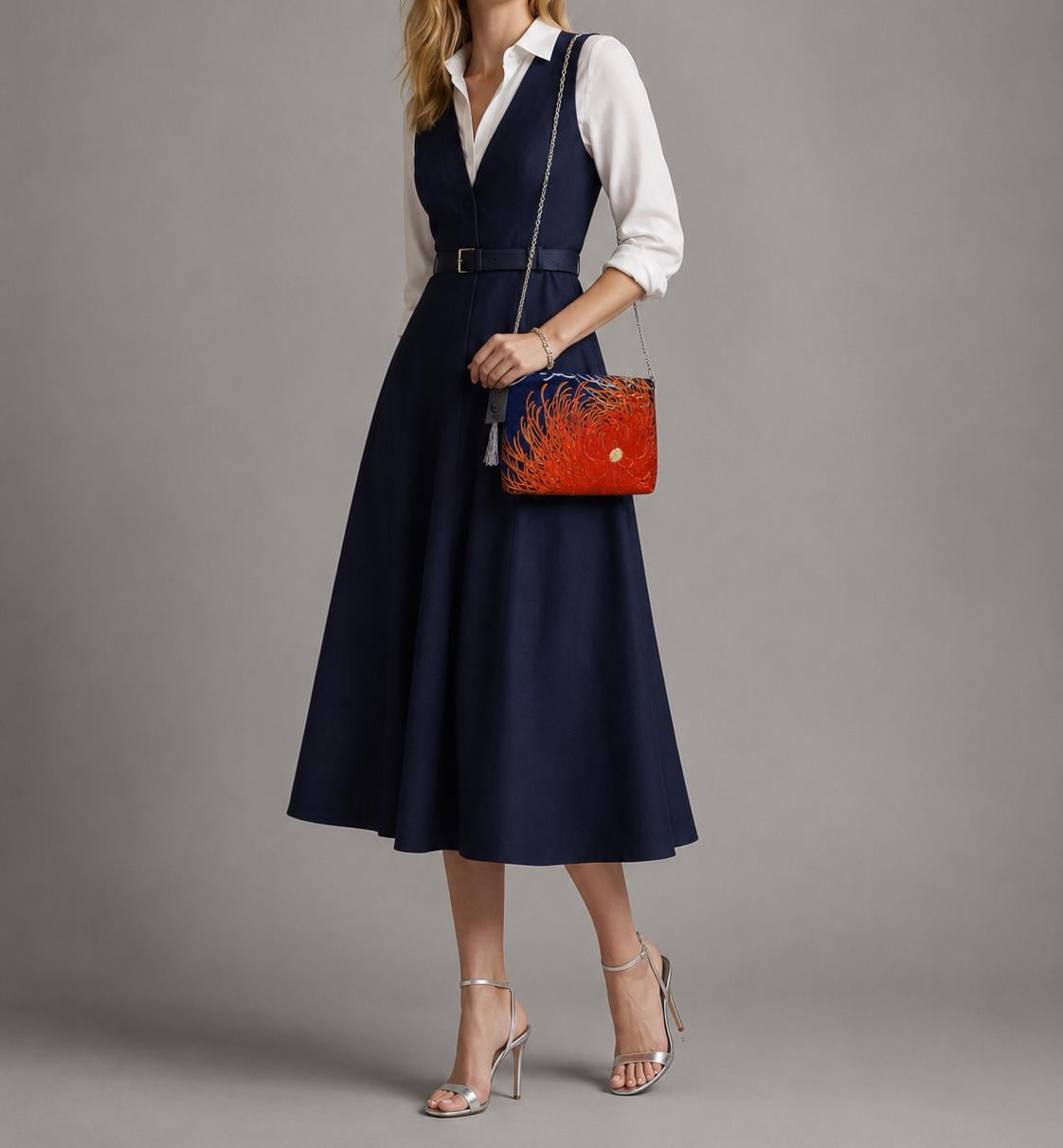 Rangiku 乱菊 Chrysanthemum Vintage Obi Silk Shoulder Bag in Orange Navy — image 2