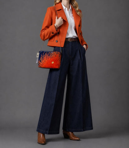Rangiku 乱菊 Chrysanthemum Vintage Obi Silk Shoulder Bag in Orange Navy — image 3