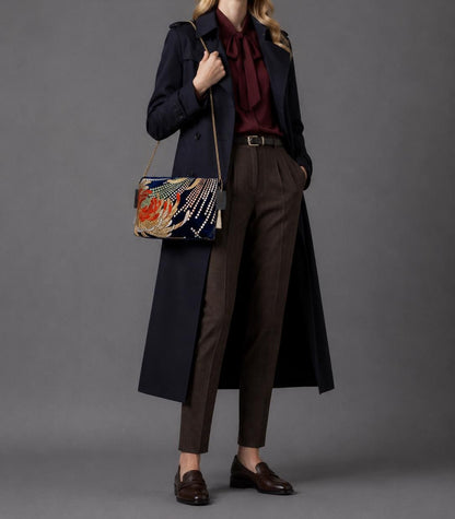 Two-Sided Rangiku 乱菊 Chrysanthemum Vintage Obi Silk Shoulder Bag in Red Gold Navy — image 2