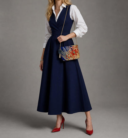 Two-Sided Rangiku 乱菊 Chrysanthemum Vintage Obi Silk Shoulder Bag in Red Gold Navy — image 3