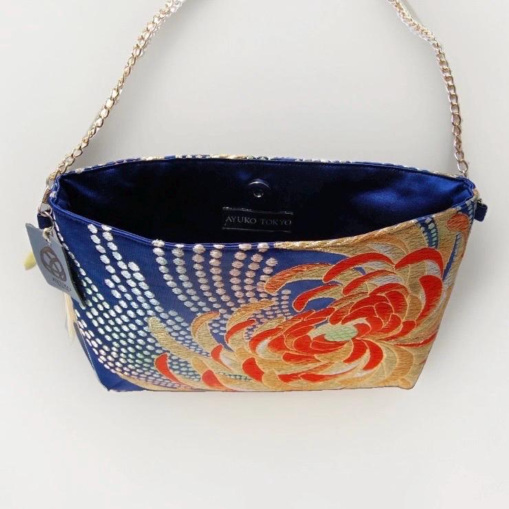 Two-Sided Rangiku 乱菊 Chrysanthemum Vintage Obi Silk Shoulder Bag in Red Gold Navy — image 10