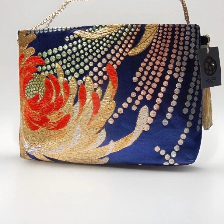 Two-Sided Rangiku 乱菊 Chrysanthemum Vintage Obi Silk Shoulder Bag in Red Gold Navy — image 6