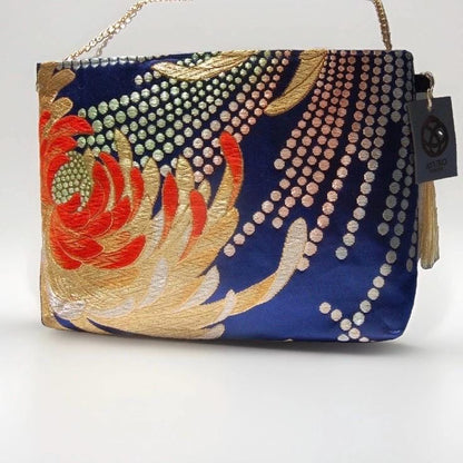 Two-Sided Rangiku 乱菊 Chrysanthemum Vintage Obi Silk Shoulder Bag in Red Gold Navy — image 6