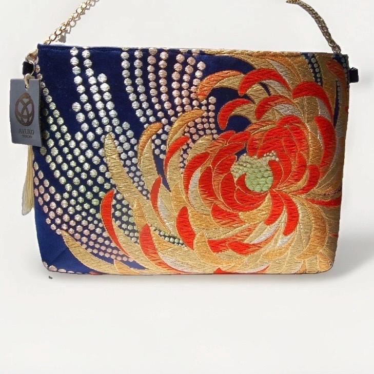 Two-Sided Rangiku 乱菊 Chrysanthemum Vintage Obi Silk Shoulder Bag in Red Gold Navy