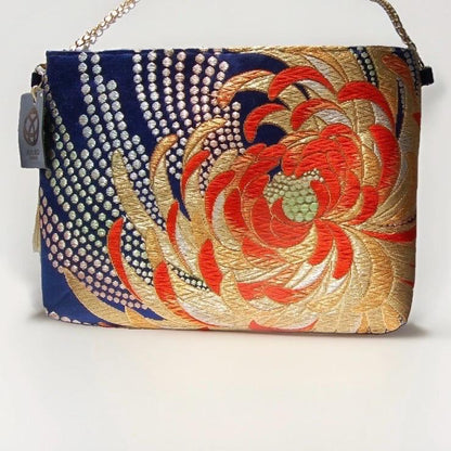 Two-Sided Rangiku 乱菊 Chrysanthemum Vintage Obi Silk Shoulder Bag in Red Gold Navy — image 4