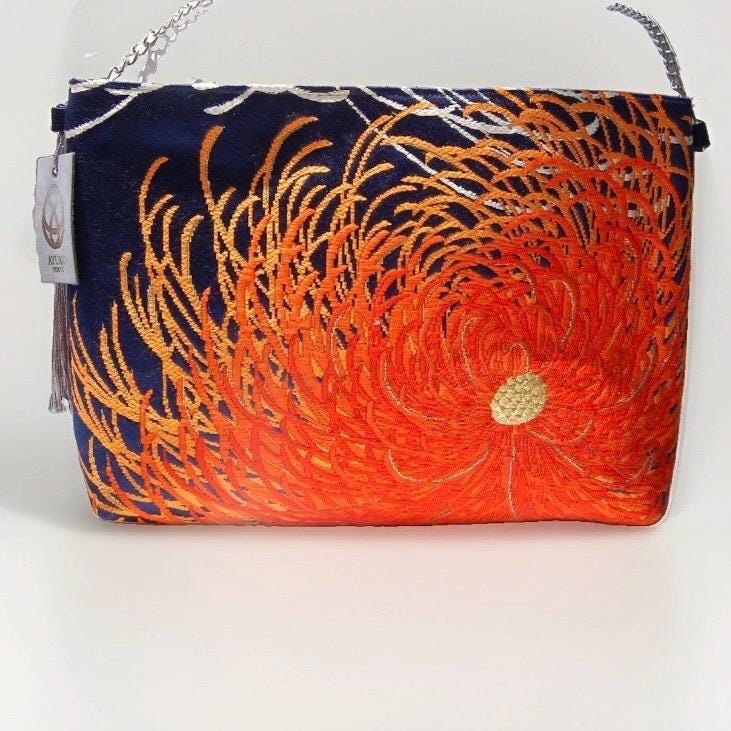 Rangiku 乱菊 Chrysanthemum Vintage Obi Silk Shoulder Bag in Orange Navy