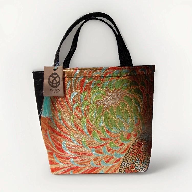 Rangiku 乱菊 Chrysanthemum Vintage Obi Silk Tote in Black Gold Orange Green